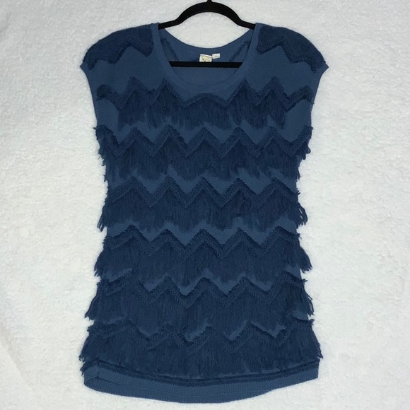 Anthropologie Sweaters - Anthropologie Yellow Bird - Blue Short Sleeve Shaggy Sweater w/ Fringe (Size L)